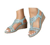 DFSDJEUW barefoot sandals womens Ladies Sandals Wide Fit Orthopedic Shoes Summer Elastic Back Strap Open Toe T-Bar Diamante Gem Stone Bohemian Wedge Sandal Slide fisherman for women Light Blue 4.5