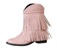 DFSDJEUW chelsea boots for women Boots for Women Uk New Women's Round Toe Chunky Heel Embroidered Short Double Europe Tassel Weave Western Cowboy Wide Fit wedge trainers Red 7