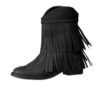 DFSDJEUW chelsea boots for women Cowboy Boots for Women New Women's Round Toe Chunky Heel Embroidered Short Double Europe Tassel Weave Western Cowboy Wide Fit wedge trainers Black 6.5