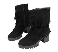 DFSDJEUW festival boots for women uk Western Boots Europe And The US New Round Head Frosted Suede Double Tassel Heel Big Yards Multi Wear Comfortable Short Wide Fit womens walking Black 6.5