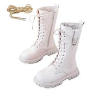 DFSDJEUW Girls Knee-High Boots Lace Up Zipper White Riding Boot Winter School Shoes, Kids Waterproof Punk Goth Boot Cowgirl Fashion Non Slip PU Leather Wellies Party Shoes for Girls 4-12 Years