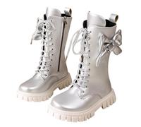 DFSDJEUW Girls Knee-High Boots Lace Up Zipper White Riding Boot Winter School Shoes, Kids Waterproof Punk Goth Boot Cowgirl Fashion Non Slip PU Leather Wellies Party Shoes for Girls 4-12 Years