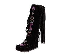 DFSDJEUW knee high boots Winter Boots for Women Uk Chinese Flat Flock Fringe Nation Heels Long Leather Tassel Fashion Woman Knee High Women women's Wide western wide fit Black 7