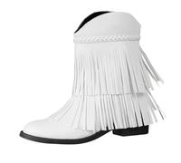DFSDJEUW ladies ankle boots wide fit Cowboy Boots for Women New Women's Round Toe Chunky Heel Embroidered Short Double Europe Tassel Weave Western Cowboy Wide Fit waterproof trainers womens White 4.5