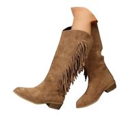 DFSDJEUW ladies mid calf boots Ankle Boots Women Women's Europe And The US Big Yards Suede Mid Calf Tassel Women's New Head With Hundred Models Tassel Wide ladies cowboy Brown 4