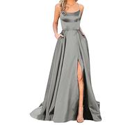 DFSDJEUW Off The Shoulder Dress Evening Dresses for Women UK Elegant Long Formal Satin Prom Dress Sleeveless Side Slits Flowing Maxi Spaghetti Strap Slim Fit Off Shoulder Dresses Party Women Grey S