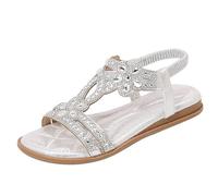 DFSDJEUW sparkly sandals for women Sandals for Women Ladies Faux Leather Open Toe Sling Back T-Bar Glitter Diamante Gem Stone Rhinestones Flat Gladiator Summer sparkly heels women. Silver 5.5