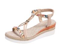 DFSDJEUW walking sandals women Women's Sandals & Slides Wide Fit Platform Bohemian Wedge Sandal Lightweight Summer Elastic Ankle Strap Beading Walking Shoes Comfortable Slingback Orthopedic Beige 6.5