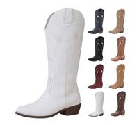 DFSDJEUW waterproof boots women Womens Cowboy Knee High Boots Comfortable Pull On Length Boot Fashionable Block Heel Waterproof Western Cowgirl Booties Wide Calf Country Concert Cow Boy Boot White 6