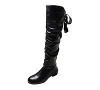 DFSDJEUW wide calf cowboy boots Winter Boots for Women Uk Ladies Fashion Solid Color Peated Leather Bow Back Thick Heel Long Wide Fit Shoes Warm Lined Chunky cowboy women Black 6.5