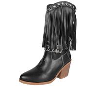DFSDJEUW winter boots for women Cow Boy Boots Women Fringe Cowboy for - Mid Calf With Star Studded Pointed Toe And Chunky Heel Perfect Country Music knee high Black 6