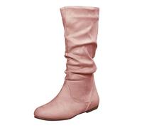 DFSDJEUW winter womens boots Ladies Boots Women's Spring And Autumn Winter Large Size Mid Calf Side Zipper Pleated Pile Flat Suede Western Cowboy Mid Calf gardening shoes women Pink 7