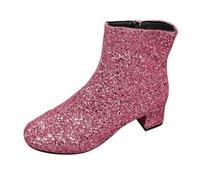DFSDJEUW women leather boots Ladies Boots Chunky Heel Mid Heel Short Women's Border Large Size Glitter Sequins Round Head Chunky Wide Fit Wedge Shoes Warm wide toe box shoes womens Pink 5.5