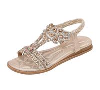 DFSDJEUW womens extra wide fit sandals Sandals for Women Ladies Faux Leather Open Toe Sling Back T-Bar Glitter Diamante Gem Stone Rhinestones Flat Gladiator Summer slingback heels Gold 5