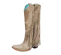 DFSDJEUW women's fringe boots Girls Cowboy Boots Women's Belt Buckle Foreign Trade Mid Calf Large Size Wide Fit Wedge Shoes Warm Lined Chunky Heel Knee High Boot Fashion Non Slip Khaki 6