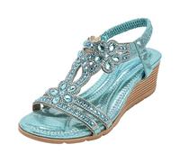 DFSDJEUW Womens Sandals Crystal Sparkling Shine Wedge Heel Shoes Diamante T-bar Beads Elastic Slingback Sandal Gladiator Summer Shoes Open Toe Bohemian Rhinestone Roman Sandals Wedding Prom Party