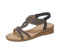 DFSDJEUW Womens Sandals Crystal Sparkling Shine Wedge Heel Shoes Diamante T-bar Beads Elastic Slingback Sandal Gladiator Summer Shoes Open Toe Bohemian Rhinestone Roman Sandals Wedding Prom Party