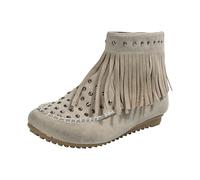 DFSDJEUW women's wide fit boot Ankle Boots for Women Women's Western Cowboy Ankle Boots Suede Round Toe Flat Tassel Short Winter Heel Wide Fit Wedge Shoes Warm wellies women Beige 5.5