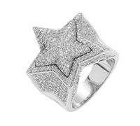 DFWY Men's Iced Out CZ Simulated Diamond 3D Star Ring -14K Gold Plated Hip Hop Bling Pentagram Zircon Ring -Sparkling Rhinestone Rapper Street Rock Jewelry (Color : Silver, Size : 07)