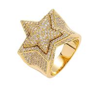 DFWY Men's Iced Out CZ Simulated Diamond 3D Star Ring -14K Gold Plated Hip Hop Bling Pentagram Zircon Ring -Sparkling Rhinestone Rapper Street Rock Jewelry (Color : Gold, Size : 08)