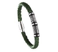 DFWY Mens Viking Beads Leather Bracelet - Nordic Stainless Steel Celtic Knot Beads Braided Rope Wristband - Handmade Vintage Pagan Bangle Irish Jewelry(Green,21CM)
