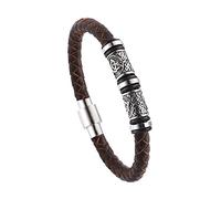 DFWY Mens Viking Beads Leather Bracelet - Nordic Stainless Steel Celtic Knot Beads Braided Rope Wristband - Handmade Vintage Pagan Bangle Irish Jewelry(Brown,20CM)