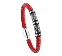 DFWY Mens Viking Beads Leather Bracelet - Nordic Stainless Steel Celtic Knot Beads Braided Rope Wristband - Handmade Vintage Pagan Bangle Irish Jewelry(Red,22CM)