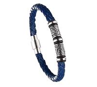 DFWY Mens Viking Beads Leather Bracelet - Nordic Stainless Steel Celtic Knot Beads Braided Rope Wristband - Handmade Vintage Pagan Bangle Irish Jewelry(Blue,20CM)