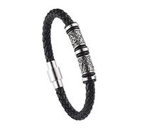 DFWY Mens Viking Beads Leather Bracelet - Nordic Stainless Steel Celtic Knot Beads Braided Rope Wristband - Handmade Vintage Pagan Bangle Irish Jewelry(Black,22CM)