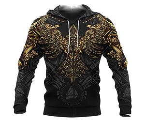 DFWY Men's Viking Celtic Knot Crow Tattoos Full-Zip Hooded Sweatshirt Pullover Hoodie (Color : Zip, Size : L)