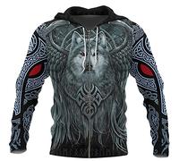 DFWY Mens Viking Celtic Wolf Head Tattoos Full Zip Hoodie,Norse Myth Odin Fenrir Printed Jacket Pullover Sweatshirt (Color : Zip, Size : 4XL)
