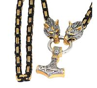 DFWY Nordic Viking Celtic Thor's Hammer Pendant Necklace - Men Stainless Steel Mjolnir Pendant Wolf Head King Chain Amulet - Medieval Fashion Punk Street Rock Jewelry(Silver_60CM)