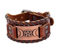 DFWY Nordic Viking Moon Pentagram Amulet Leather Bracelet,Mens Adjustable Buckle Leather Braided Rope Wristband,Middle Ages Gothic Style Celtic Pagan Jewelry (Color : Red Copper)
