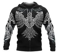 DFWY Norse Mythology Mens Viking Odin Crow Pattern Tattoos Full Zip Hoodie Sweatshirt