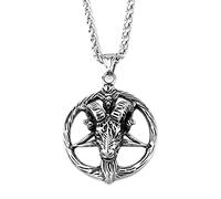 DFWY Satanic Goat Head Pentagram Pendant Necklace - Stainless Steel Satan Sheep Head Pentagram Necklace - Men Fashion Punk Animal Amulet Halloween Jewelry