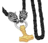 DFWY Viking Men's Wolf Head Mjolnir Necklace,Nordic Celtic Thor's Hammer Pendant, Men Titanium Steel Square Black King Chain Pagan Amulet Jewelry Gift (Color : Gold Pendant, Size : 70cm)