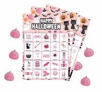 DFXIU Pink Halloween Bingo Game Cards with Pumpkins, Ghosts & Black Cats | Spider Web Design, Halloween Theme, Party Game, Festive Bingo Cards