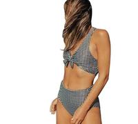 DFXIU Women's 2-Piece Printing Monokini Deep V Backless Cross Bandage Bowtie Beachwear Swimsuit Bikini Set UK6-8 Black White Plaid