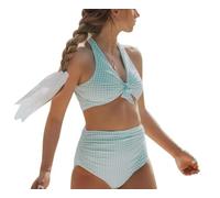 DFXIU Women's 2-Piece Printing Monokini Deep V Backless Cross Bandage Bowtie Beachwear Swimsuit Bikini Set UK6-14 Black White Plaid (UK, Numeric, 6, 8, Regular, Regular, Green White Plaid)