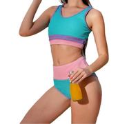 DFXIU Women's Push up Padding Stripes Athletic Gymnastics Swimwear Padding High Waisted Swimsuit Ladies Bikini Set Sports Vest UK6-14 Green Pink (UK, Numeric, 8, Regular, Regular)