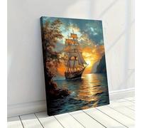 DFZEWKI Canvas Poster Nautical Sailing Ship Sunset Wall Art with Golden Sunset & Ocean Waves, Coastal Decor for Living Room(30x40cm(12x16in)/No frame)