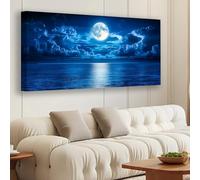 DFZEWKI Large Canvas Wall Art Prints Blue Moonlight and Quiet Coastal Landscape Pictures Artwork for Living Room Bedroom Office(70x140cm(28x55in)/No frame)