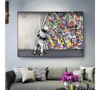 DFZEWKI Street Art Banksy Graffiti Wall Art Behind The Curtain Canvas Paintings Prints Posters Wall Art Pictures for Home Decor 80x120cm(31x47in) Frameless