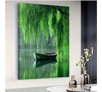 DFZEWKI The scene of a lone boat under the willow tree Canvas Prints Artwork for Living Room Home Decor(70x90cm(26x35in)/No frame)
