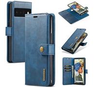 DG.MING for Google Pixel 6 Pro Genuine Leather Wallet Case, Detachable 2 in 1 Split Leather Wallet Phone Cover,Magnetic Pouch Shell,Blue