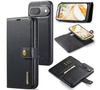 DG.MING for Google Pixel 9 Pro/Pixel 9 Genuine Leather Wallet Case, Detachable 2 in 1 Split Leather Wallet Phone Cover,Magnetic Pouch Shell (Black)