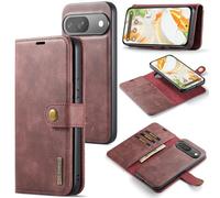 DG.MING for Google Pixel 9 Pro/Pixel 9 Genuine Leather Wallet Case, Detachable 2 in 1 Split Leather Wallet Phone Cover,Magnetic Pouch Shell (Red)