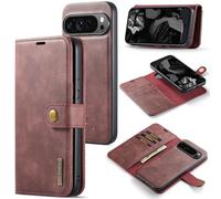 DG.MING for Google Pixel 9 Pro XL 2024 Genuine Leather Wallet Case, Detachable 2 in 1 Split Leather Wallet Phone Cover,Magnetic Pouch Shell (Red)