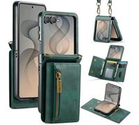 DG.MING for Samsung Galaxy Z Flip 8 Wallet Crossbody Case Green | PU Leather Zipper Wallet Protective Case, 2-in-1 Detachable Phone Cover with Shoulder Strap, Card Anti-Skimming Protection