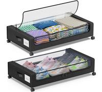DGFCK Under Bed Storage with Wheels, 2-Pack Under Bed Storage Containers with Clear Lids, XXL 60L Under the bed storage Organizer Bins, Rolling Under Bed Metal Drawer for Clothes,Shoes,Toys (Black)